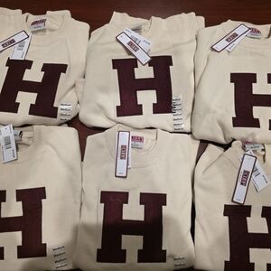 Harvard University COOP cotton applique crew CREME sweater small- MSRP $120
